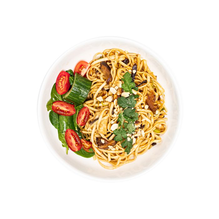 Noodles with chicken roll